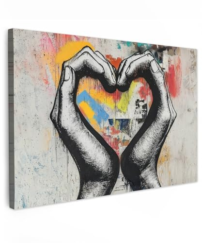 MuchoWow© Cuadros Decoracion Salon Modernos Dormitorios Cuadro Decorativos | 90x60 cm - de Lienzos Decorativo Decoración Cabecero Cama Manos - Corazón - Arte callejero - Graffiti