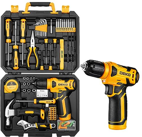 Tool Kit: DEKO Drill Set with Cordless Drill,Tool Kit Set Box, DIY Hand Tools for Men and Home, with 8V Electric Drills,126 Piece(Yellow)