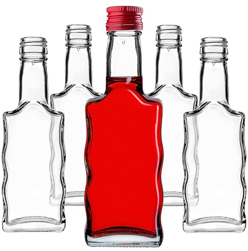 KADAX Botellas de vidrio de 200 ml, 10 unidades, botellas vacías con tapón de rosca, botellas pequeñas de licor para rellenar, botellas de vino de vidrio de enebro (rojo)