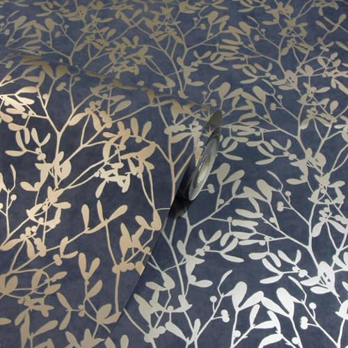 SOPHIE LAURENCE Navy and Gold Leaf Wallpaper – Luxurious Metallic Finish, Textured Design, Ideal for Living Room, Bedroom, or Office (Full Roll)