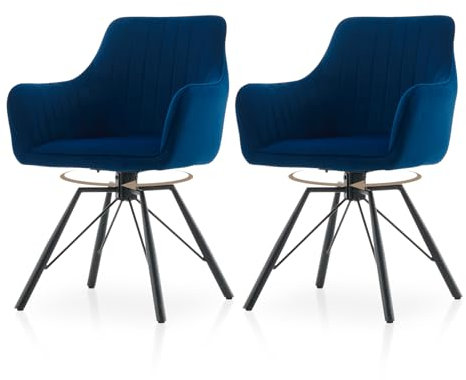 TUKAILAI Esszimmerstühle drehbar 2er-Set, Drehbare Küchenstuhl Samt, Ergonomischer Polsterstuhl mit Armlehnen Rückenlehne Metallbeine, Moderne Sessel für Esszimmer Wohnzimmer Küche, Blau