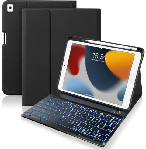 Senyoson for iPad 9th/8th/7th Generation Case with Keyboard, Black | 10.2-inch case, 7-Color Backlit Keys, Detachable Magnetic Keyboard, 3 Adjustable Viewing Angles, Pencil Holder