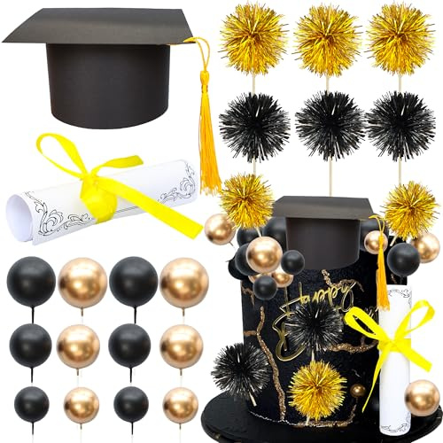Gyufise 42Pcs 2026 Graduation Cake Kit Diploma Grad Cap Cake Pick Balloon Tassel Firework Cupcake Toppers Prom 2026 Cake Decorations for Class of 2026 Congrats Grad Party Supplies Black Gold