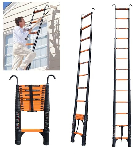 JADDOU 3.8m Orange Teleskopleiter Aluminium mit Haken Tragbare Teleskopleiter Maximalgewicht 150KG