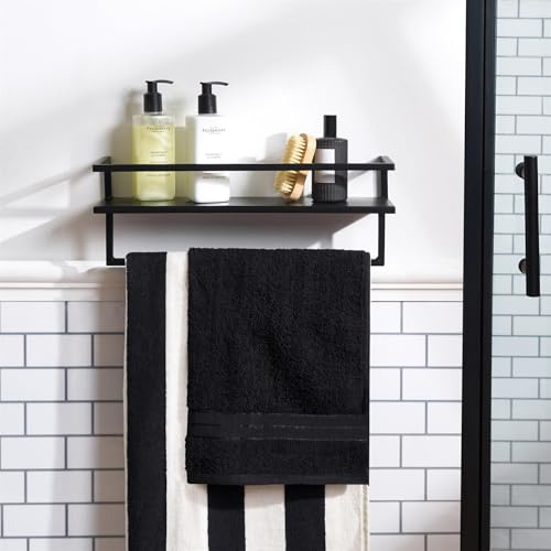 OHS Towel Rail Wall Mounted 2 Tier Towels Rack with Shelf, sturdy Iron Bathroom Towel Rail Space Saving Storage Towels Holder Easy to Install, Black - 12 x 45 x 15cm