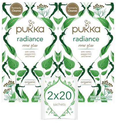 Pukka Herbs | Radiance Organic Herbal Tea Box | Fennel, Aloe Vera, Peppermint, Dandelion and Nettle Tea | Perfect For An Inner Glow | Caffeine Free | 2 Packs | 40 Plant Based Biodegradable Tea Bags