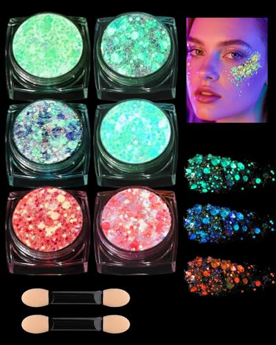 Festival Glitzer Gesicht,6Pcs UV Fluoreszierendes Farbe Chunky Sequin-Set A | Face Body Glitter, Wasserdicht Festival Schminke Accessoires Gadget, Glitzer Haarspray Halloween Weihnachten Festival Outfit