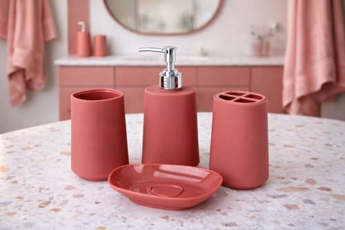 Fingey Ensemble de 4 accessoires de salle de bain au design moderne, porte-savon, porte-brosse à dents, distributeur de savon, tasse de rinçage (rose foncé)