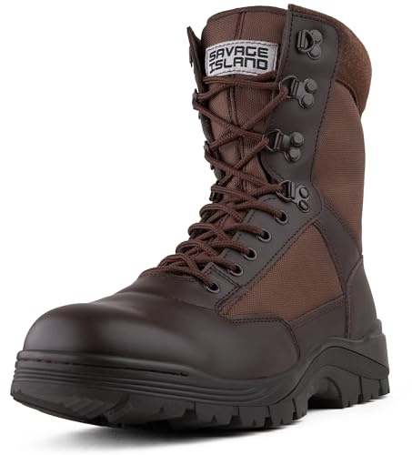 Savage Island Sentinel PRO Leather Combat Boots – Side Zip & Lace Up Military Tactical Breathable Partol Boots for Motorbike, Security, Cadets & Police - Brown, UK 10