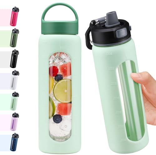 BLUEGO 700ml Botella de agua de vidrio con 2 tapas-Tapa con cierre de un toque y asa Botella reutilizable con indicador de tiempo para Viajes Casa Gimnasio Deportes Libre de BPA, Azul claro