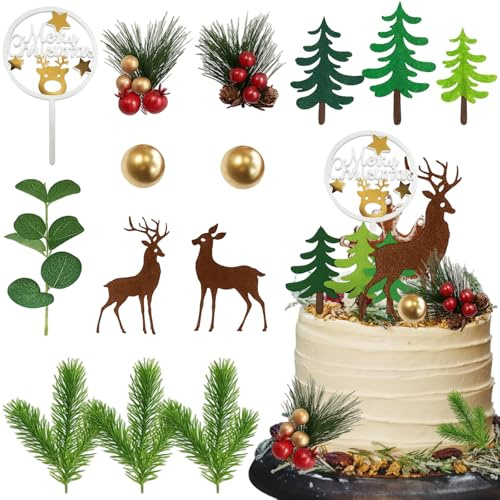Christmas Cake Decorations, Christmas Decorations, 14 PCS Merry Xmas Cake Decorations with Deer Santa Pine Tree, Xmas Cake Toppers for Winter Holiday Cake Decor Xmas Theme Party Supplies