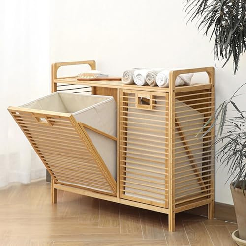 Bamboo Laundry Hamper with Removable Baskets, Tilt-Out Organizer for Clothes and Towels, Multi-Shelf Storage Rack for Bathroom