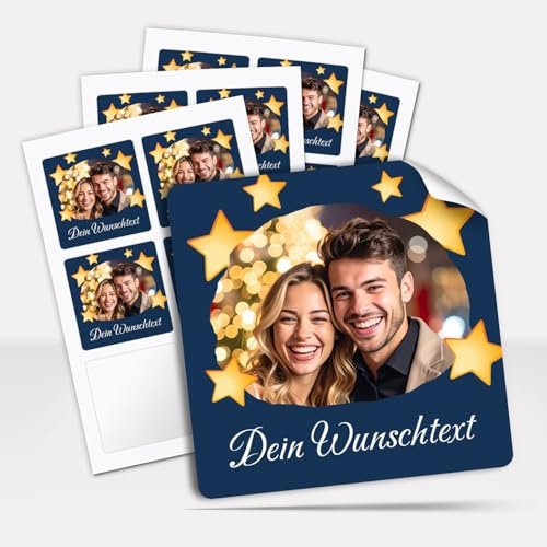 Weihnachtsaufkleber personalisiert mit Deinem Foto und Text für Geschenke quadratisch 5,5 cm Aufkleber Weihnachten Geschenkaufkleber Sterne blau