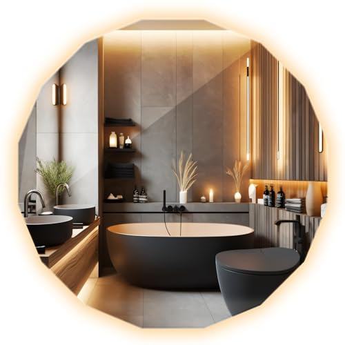 Wallfluent Specchio Poligonale Rotondo LED 100x100 cm Bianco Caldo Luce Calda Decorazione Murale Minimalista Bordi Lisci Senza Cornice Appeso Stile Industriale Regolare Vetro Simmetrici