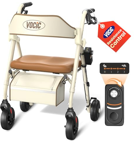 VOCIC Z63 Rollator Faltbar Leicht mit Sitz,4-stufig Einstellbar Widerstand | Rollatoren Schmal für Wohnung & Raußen,Klappbar Walker für Senioren,Ideal für Balance-Stützung, Stabilität, Hellbeige