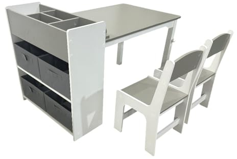 habeig Kinderzimmer Möbelset, MDF Tisch mit 2 Stühlen und Regalschrank in Grau/Weiß, 4 Stoffkörbe, Tisch 102,5x58x64cm, Stühle 28,5x30,5x55cm