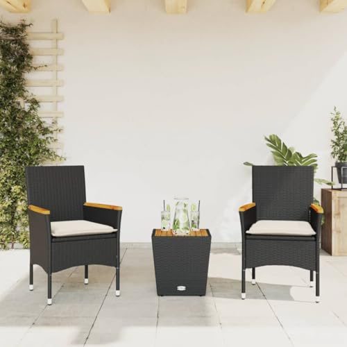 Ziaphsol Ensemble de bistro 3 pièces en polyrotin noir, plateau en verre, résistant aux UV, 2 chaises avec coussins, table de jardin pour balcon, terrasse, jardin, max. 110 kg