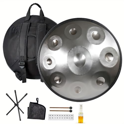 Batería Handpan de 18/22 Pulgadas, Tambor de Mano de Acero Premium, 432/440 Hz, 9/10/12 Notas, con Bolsa Suave, Soporte Para, Paño Antipolvo para Sanación con Sonido(Plata,432HZ/18inch/9Note)