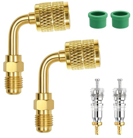 6 Piezas Adaptador Latón Refrigerante R32 R454B, Incluye Núcleo Válvula Aire Acondicionado & Junta, Conector Rosca Inversa 1/4 Hembra a 1/4 Macho Compatible con Tanques R-454B/R-32