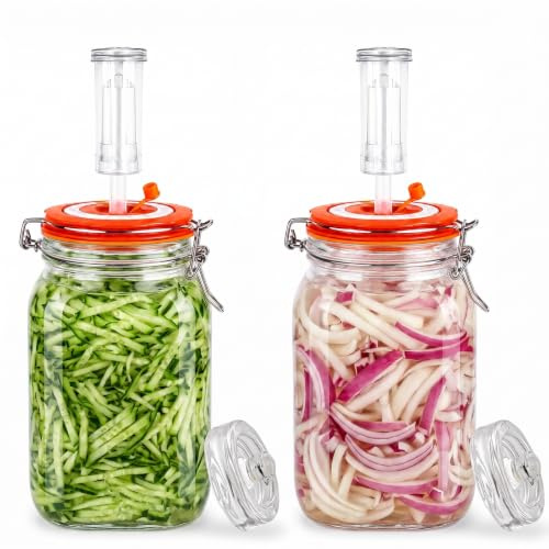 Fermenteringsglas, 1,5 l fermenteringsglas med jävul och vikt, 2-pack | 1,5 l fermenteringsglas med vikt för surkål, kimchi, hot sås, met, cider och mer