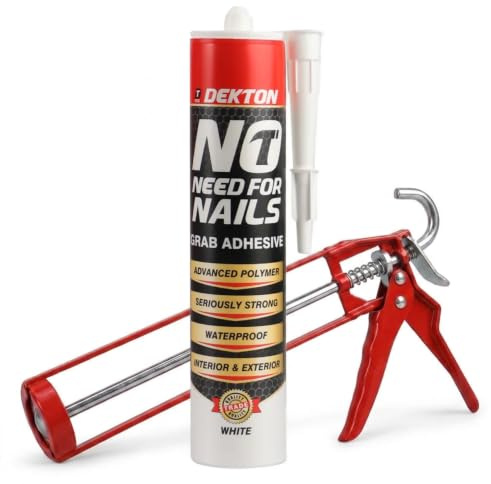 Heavy Duty Grab Adhesive Kit with Dekton No Need For Nails 290ml Cartridge & Caulking Gun – Strong Waterproof Glue for Skirting Boards, Coving, Wood, Brick & Wall Panels