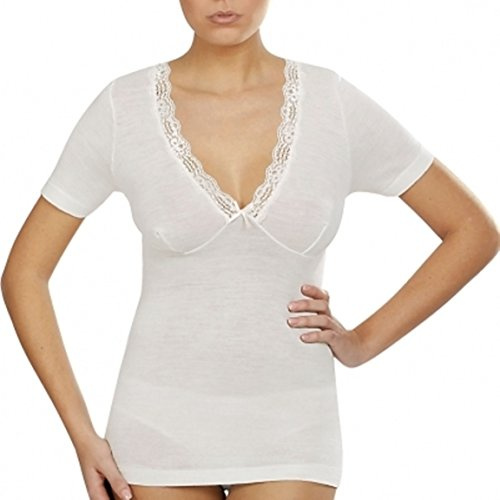 VAJOLET BY SELINA Canottiera Donna Intimo Manica Corta in Misto Lana E Pizzo MM6387 Misure 4-5-6-7-8 Bianco (4 L IT Donna)