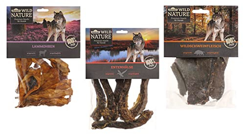Dehner Wild Nature - Snack per Cani, 100% Naturale, spuntino da Masticare per Cani Adulti e sensibili, Adatto per Barf, Mix di 3 varietà, 500 g