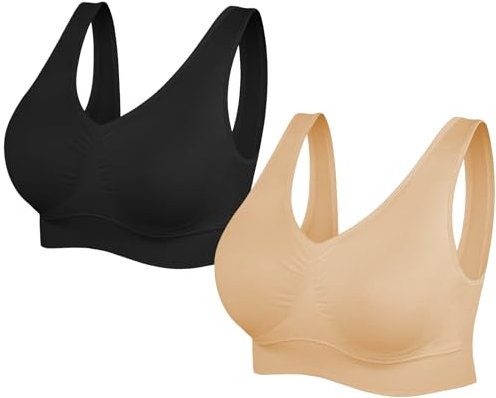 SIMIYA Super Comfort Bra, Womens Sports Bras Removable Pads Plus Size Sleep Bras for Girls in Yoga Bralette Leisure Stretch Crop Tops Vest (4XL, 2 Pack Black+Beige)