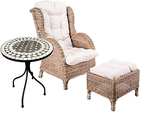 Mojawo Luxus Rattan Set Relaxsessel Korbsessel Rattansessel mit Hocker Ohrensessel mit Fußhocker aus Rattan, inkl. Polster in beige und 1 Stück Mosaiktisch