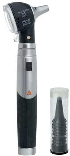 Heine - Glasfaser-Otoskop Chiara LED-Beleuchtung HQ Mini 3000, 2,5 V, wiederaufladbarer Handgriff, Tasche und Kompakt, Farbe Schwarz, Set mit 10 Einweg-Trichtern: 5 Ø 4 mm + 5 Ø 2,5 mm
