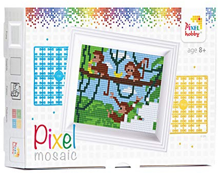 Pracht Creatives Hobby Pixel P31255 Mosaik Geschenkverpackung AFFE, Pixelbild mit Rahmen, kinderleichtes Stecksystem, ohne Bügeln und Kleben, Steinchen aus Biokunststoff