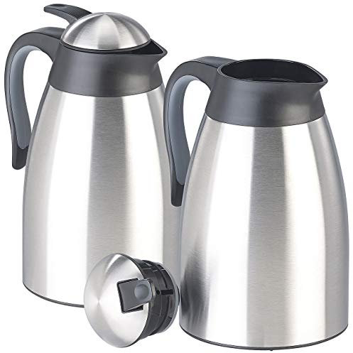 Rosenstein & Söhne Vakuum-Kaffeekannen: 2er-Set doppelwandige Edelstahl-Vakuum-Isolierkanne m. Ausgießtaste (Wärmespeicherungen Lunchs Camping, Thermo-Kaffeekaraffe)