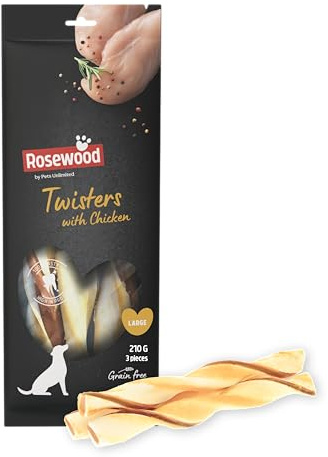 Rosewood Large Chicken Twisters - tugggodis för stora hundar, nötkött och kycklinghud, främjar tandvård, spannmålsfri, inga konstgjorda tillsatser, 210 g