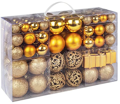 ilauke 105Pcs Christmas Baubles Gold Xmas Tree Decorations, Shatterproof Christmas Ornaments Balls in Various Sizes, Plastic Xmas Balls Hanging Decorations for Holiday, Wedding, Party, Gift Decor