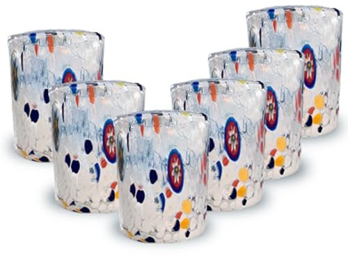 Gocce di Murano Set 6 Bicchieri Liquore Shot Pioggia Arcobaleno Lavorati a Mano Secondo la Tradizione degli Artigiani di Murano Colorati Confezione Bicchierini Eleganti e Preziosi Made in Italy