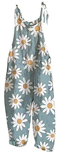 LUCKME Womens Dungarees Casual Boho Sleeveless Jumpsuits Summer Overalls Loose Skull Printed Wide Leg Floral Rompers Long Playsuit with Pocket Holiday Beach UK Size 12-22 (Blue, L)
