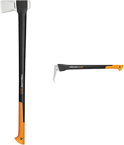 Fiskars Spaltaxt, Inklusive Klingen- und Transportschutz, Länge: 96 cm, Schwarz/Orange, X27–XXL, 2,57 kg & Lange Hand-Sappie zur Holzbearbeitung, Länge: 78,5 cm, Gehärtete Stahlklinge, Schwarz/Orange