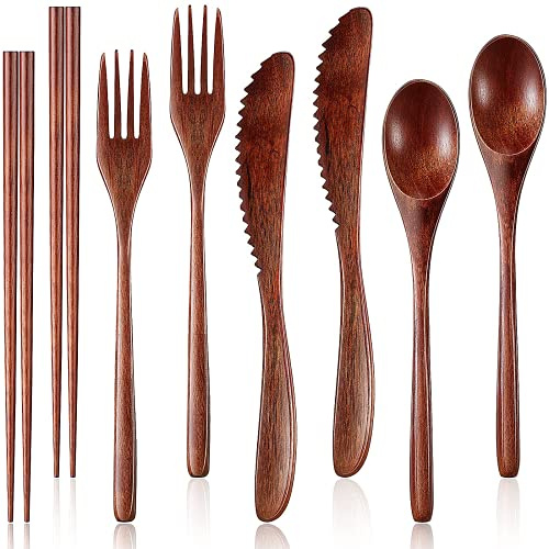 Set di 8 posate in legno riutilizzabili, posate in legno con cucchiaio, forchetta, coltello, bacchette
