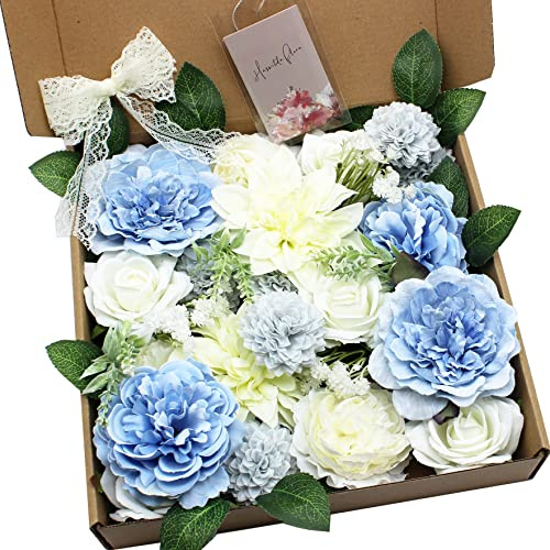 HASWITDA Künstlicher Blumenstrauß aus Seide, Kunstblumenkopf, gefälschte Tischdekoration, Arrangement für Hochzeit, Geburtstag, Babyparty, Party, Geschenk, Blau und Weiß