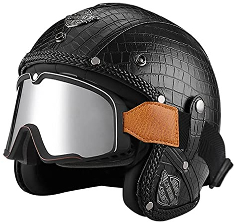Retro Helm 100% vegan Jet-Helm Mit silberner Brille, Roller-Helm für Frauen und Herren im edlen Vintage-Look, Qualität nach ECE-Norm