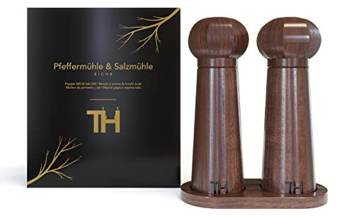 Thiru Juego de molinillo de sal y pimienta profesional, mecanismo de cerámica patentado, incluye posavasos y cepillo de limpieza, madera maciza de nogal grande