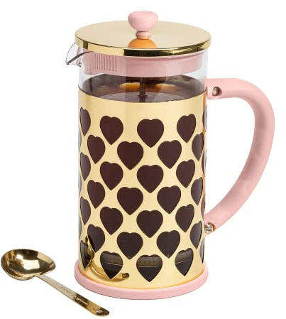 Paris Hilton Cafetera de prensa francesa con cuchara medidora en forma de corazón, juego de 2 piezas, 8 tazas o 34 onzas, rosa