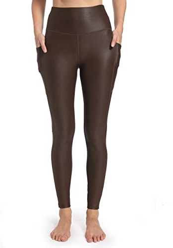 HARTPOR Womens Faux Leather Leggings Pants Stretch High Waisted Yoga Pants Pleather Pants with Pockets, Brown L
