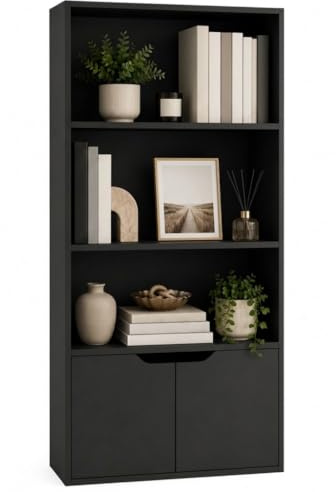 URBNLIVING Bücherregal mit 4 Etagen, breit, aus Holz, mit 2 Türen, Aufbewahrungsregal, Vitrine, Schwarz mit schwarzen Türen