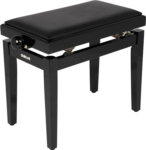 QUIK LOK - PB/100 BK L Klavierbank aus Holz, Schwarzer Sky-Sitz, Robuster Bezug, Höhenverstellbar 48–57 cm, Version in Hochglanz-Schwarz-Finish