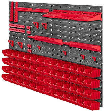 KADAX Verkstadsvägghylla, 116 x 78 cm förvaringssystem av robust plast, UV-resistent verkstadshylla, expanderbara väggplattor, sorteringshylla för garage, (röd, 81 delar)
