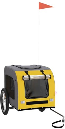 vidaXL Fahrradanhänger für Hunde, Hundeanhänger mit Reflektoren Flagge, Hundetransporter Maximale Belastbarkeit 45kg, Gelb Grau Oxford-Gewebe Eisen