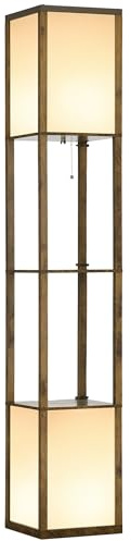 HOMCOM 3-Tier Floor Lamp with Shelves and Storage Dual Light Rustic Brown | Modern Standing Lamp, Reading Light with Lampshade, Chain & Foot Switch, Living Room Bedroom Home Office, Bulb not Included