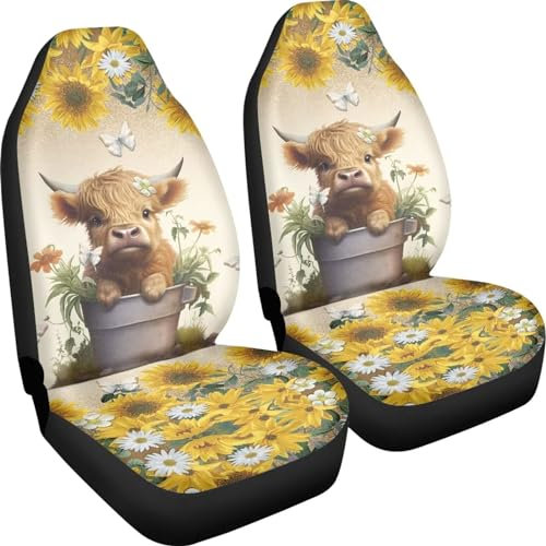 Poceacles Highland Rinder Blumendruck Autositzbezüge Vordersitze Nur Hohe Rückenlehne Stretch Fahrzeug Schalensitzbezug Auto Protector Fahrer Sitzbezüge F8