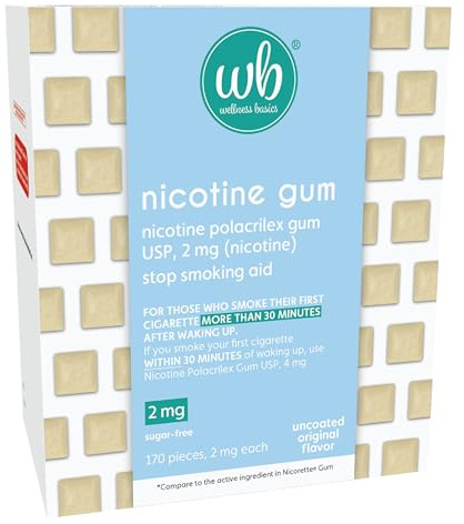Wellness Basics Uncoated Nicotine Gum 2mg | Stop-Smoking Aid | Original Flavor | 170 Count | Reduces Withdrawal Symptoms